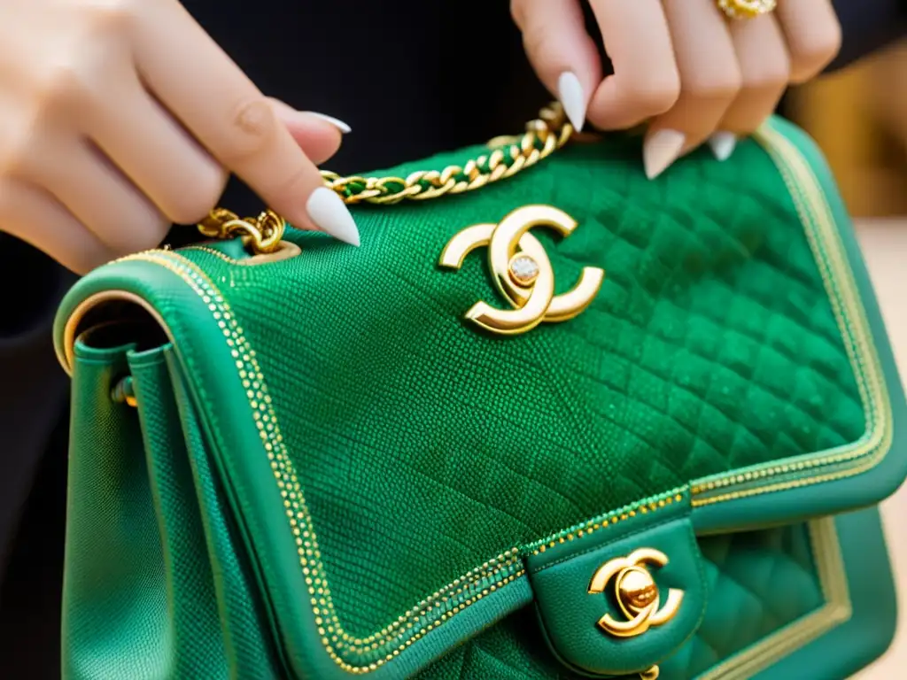 Bordado artesanal de alta costura en bolso Chanel Un artesano habilidoso borda con detalle una lujosa bolsa de Chanel, mostrando el impacto cultural de la alta costura