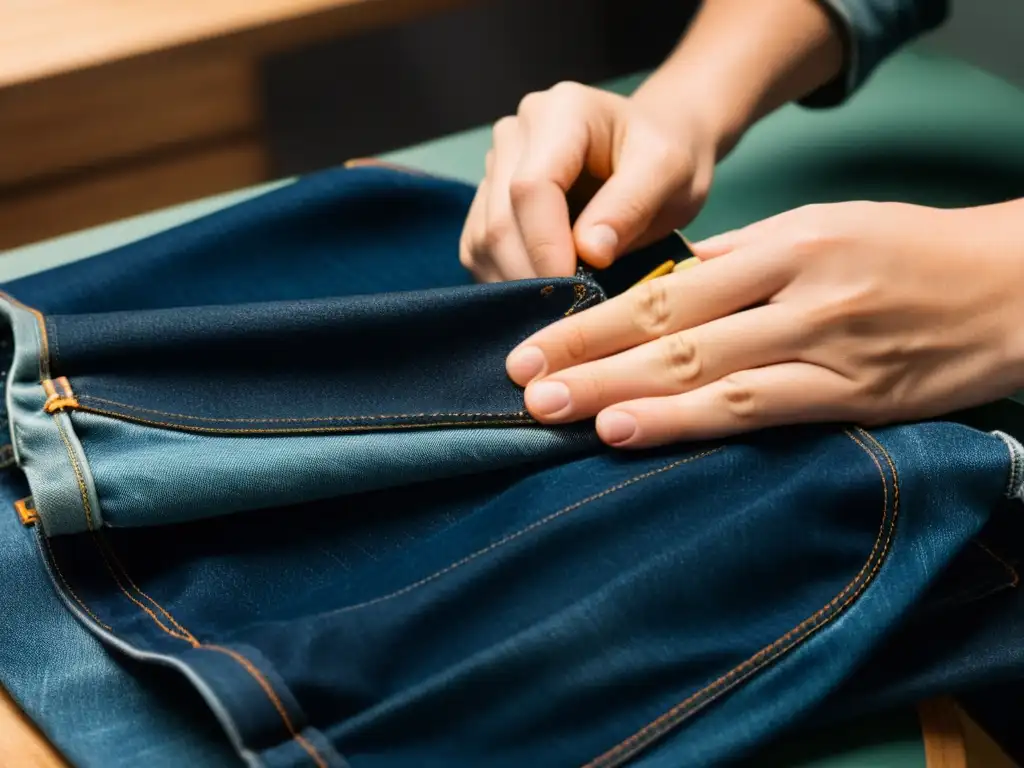 Un artesano habilidoso repara con esmero unos Nudie Jeans desgastados, mostrando el compromiso de la marca con el reciclaje y la durabilidad del denim