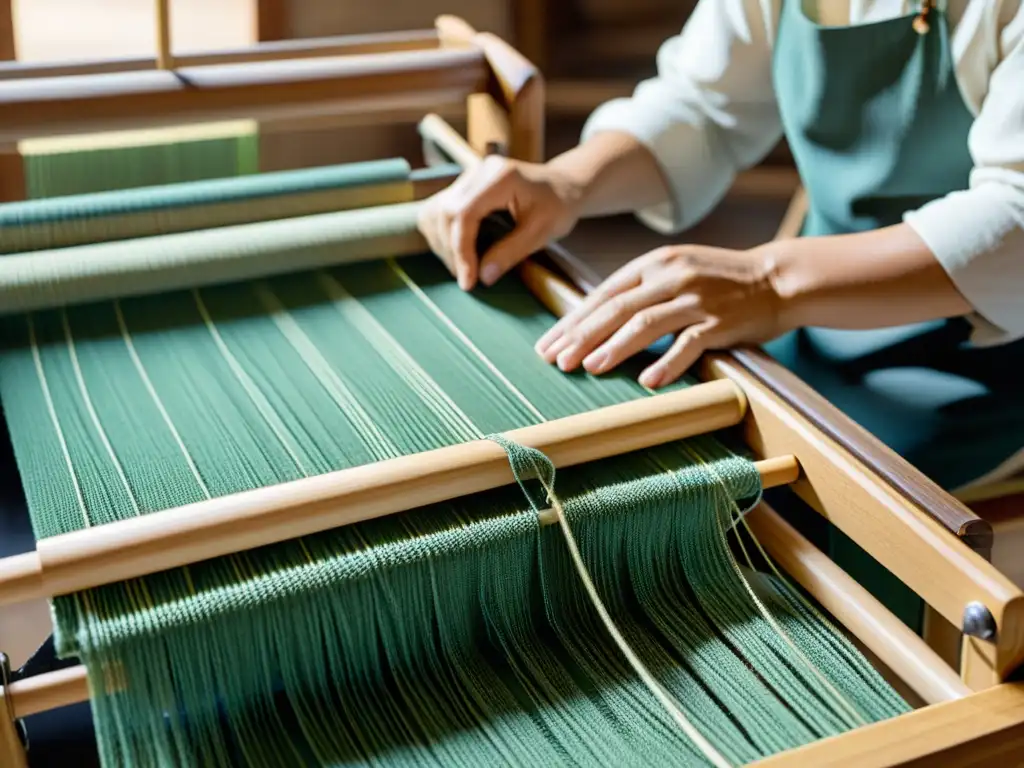 Un artesano habilidoso teje lino en un telar tradicional, destacando la belleza de las fibras naturales