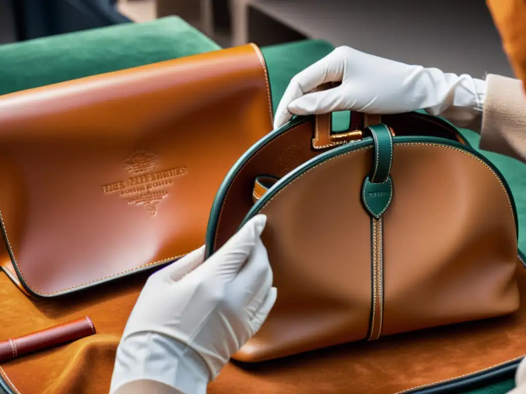 Un artesano habilidoso de Hermès cose con precisión una lujosa pieza de cuero, mostrando la dedicación y la historia de la moda Hermès