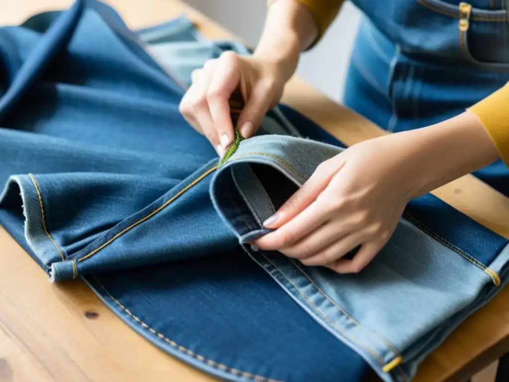 Un artesano habilidoso transforma prendas de moda sostenible con destreza en un taller luminoso