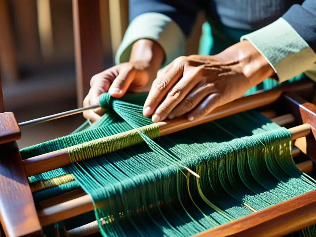 Un artesano teje meticulosamente hilos vibrantes en un telar de madera, mostrando la valorización de la técnica artesanal en la moda moderna