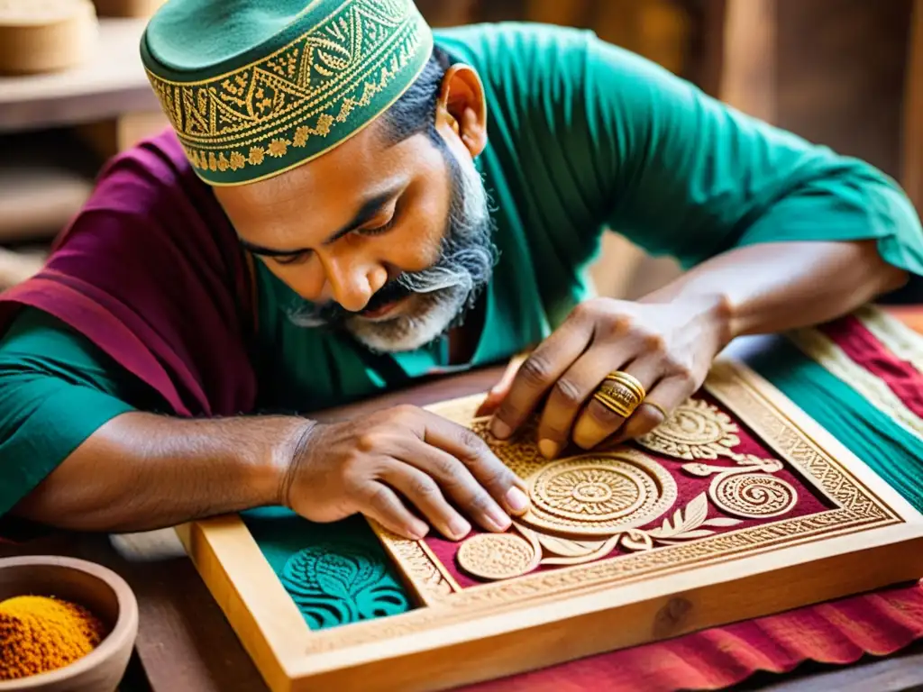 Un artesano en la India talla meticulosamente un bloque de madera rodeado de tintes y patrones textiles