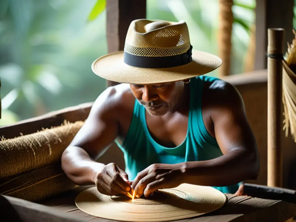 Un artesano indígena en Panamá teje con cuidado un sombrero tradicional Panamá con fibras de toquilla, iluminado por la luz natural