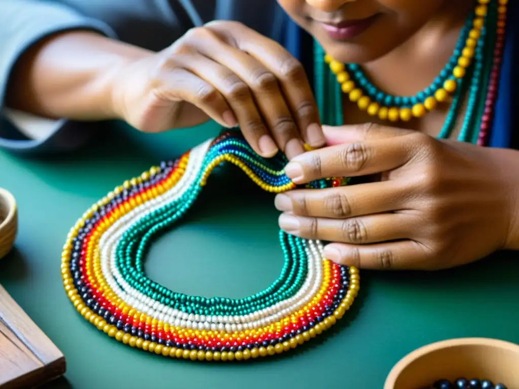 Un artesano indígena teje con destreza un collar de cuentas, reflejando la luz natural