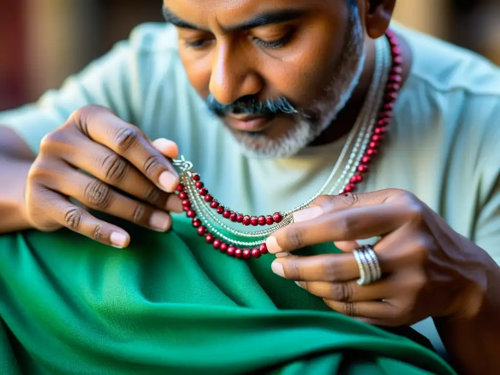 Un artesano indio crea con destreza un collar tradicional, mostrando la historia y el impacto cultural de la bisutería india