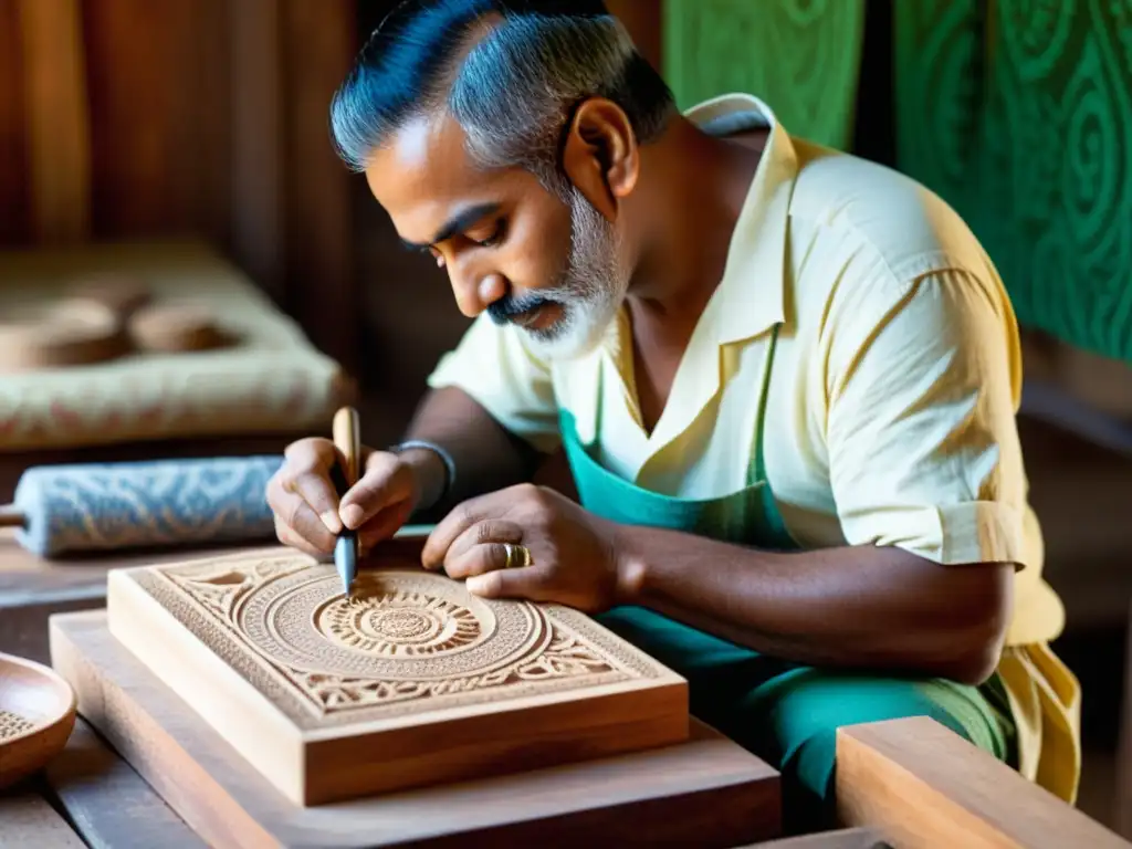 Un artesano indio talla a mano un bloque de impresión de madera con intrincados diseños textiles tradicionales de la India de fondo