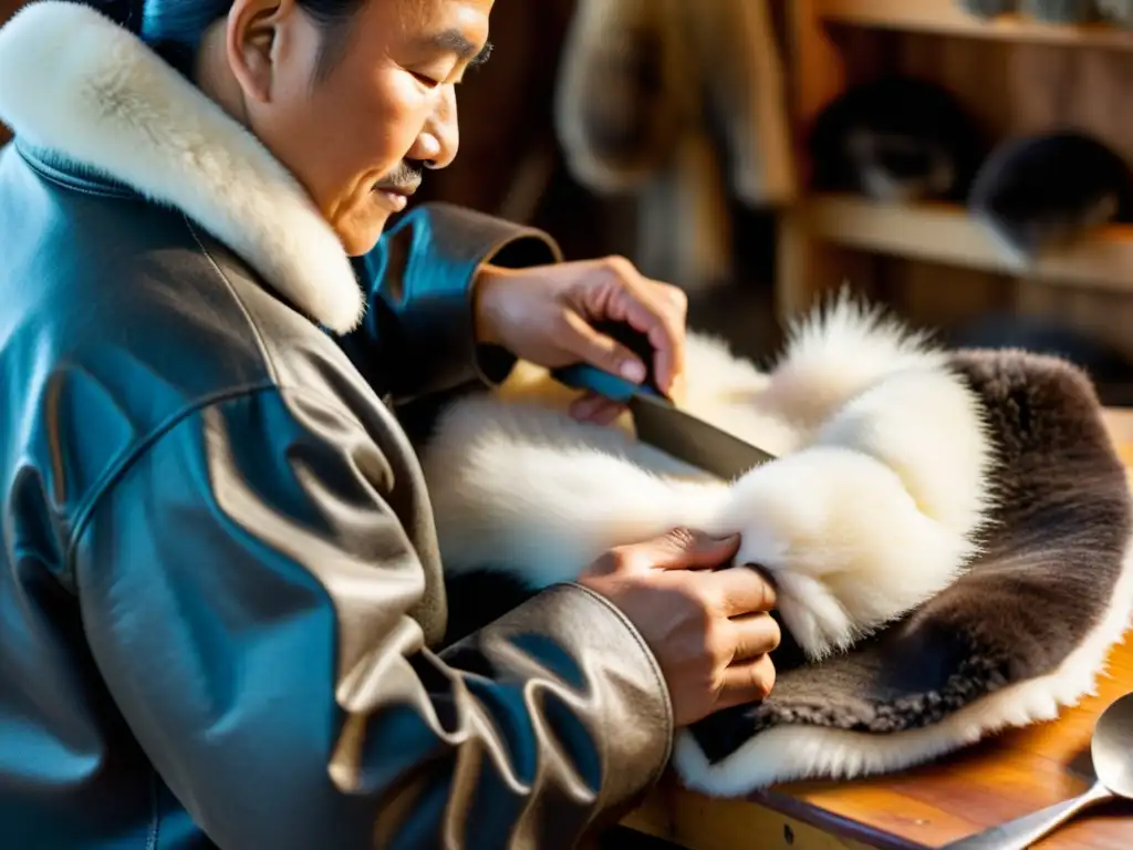 Un artesano inuit con destreza moldea un parka de piel de foca, reflejando la tradición y maestría en el uso de pieles en moda inuit