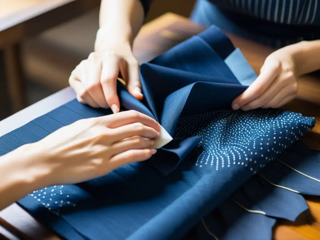 Un artesano japonés experto en técnicas tradicionales japonesas shibori moda, meticulosamente prepara y dobla la tela para el teñido