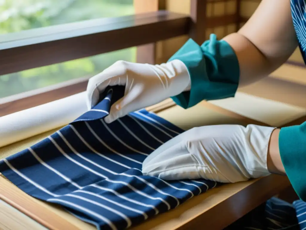 Un artesano japonés realiza el meticuloso proceso de Shibori, mostrando técnicas tradicionales japonesas en moda