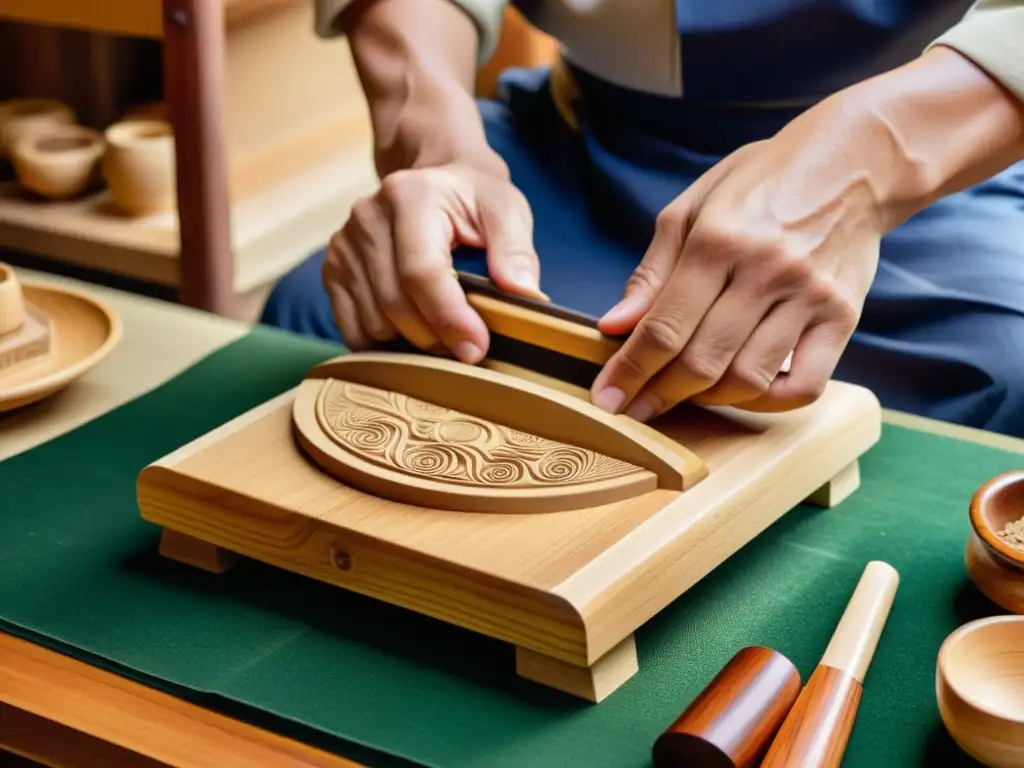 Artesano japonés tallando con precisión una Geta de madera, mostrando la evolución del calzado tradicional japonés con maestría