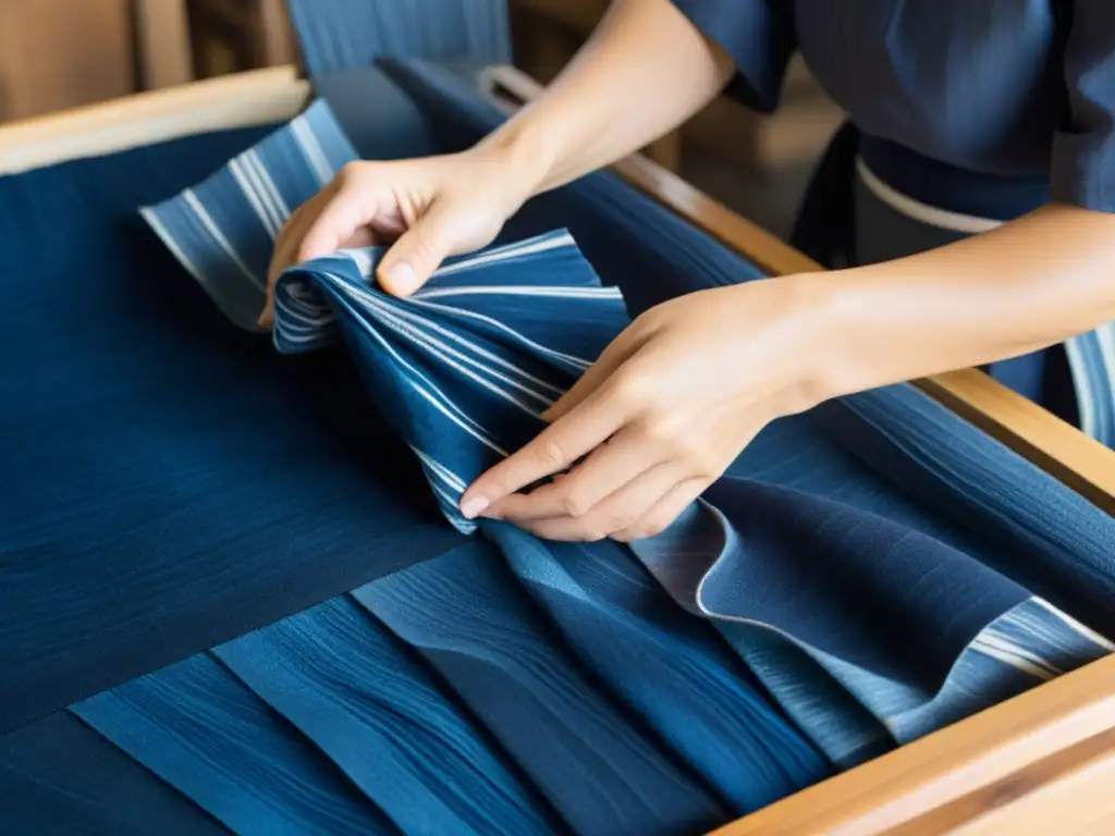 Un artesano japonés practica la técnica de teñido shibori con maestría, sumergiendo tela en tinte índigo natural