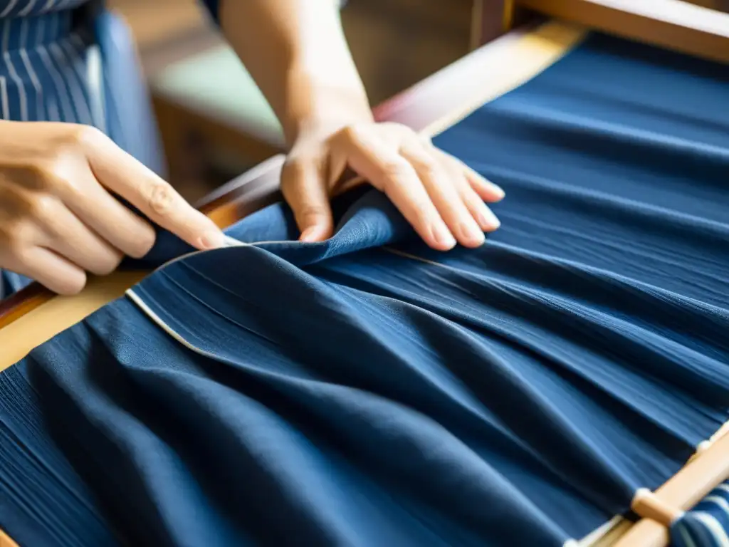 Un artesano japonés pliega tela para la técnica de teñido shibori, con manos que reflejan precisión y arte milenario