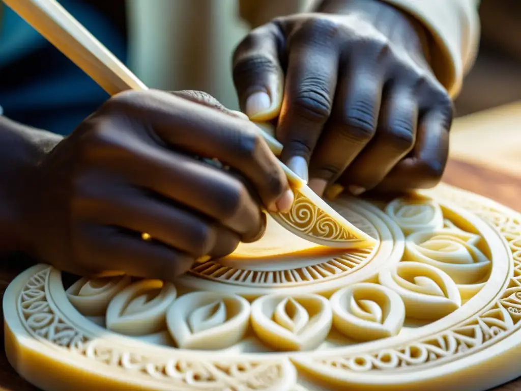 Un artesano esculpe con maestría una joya orgánica, fusionando historia y tradición en su taller iluminado