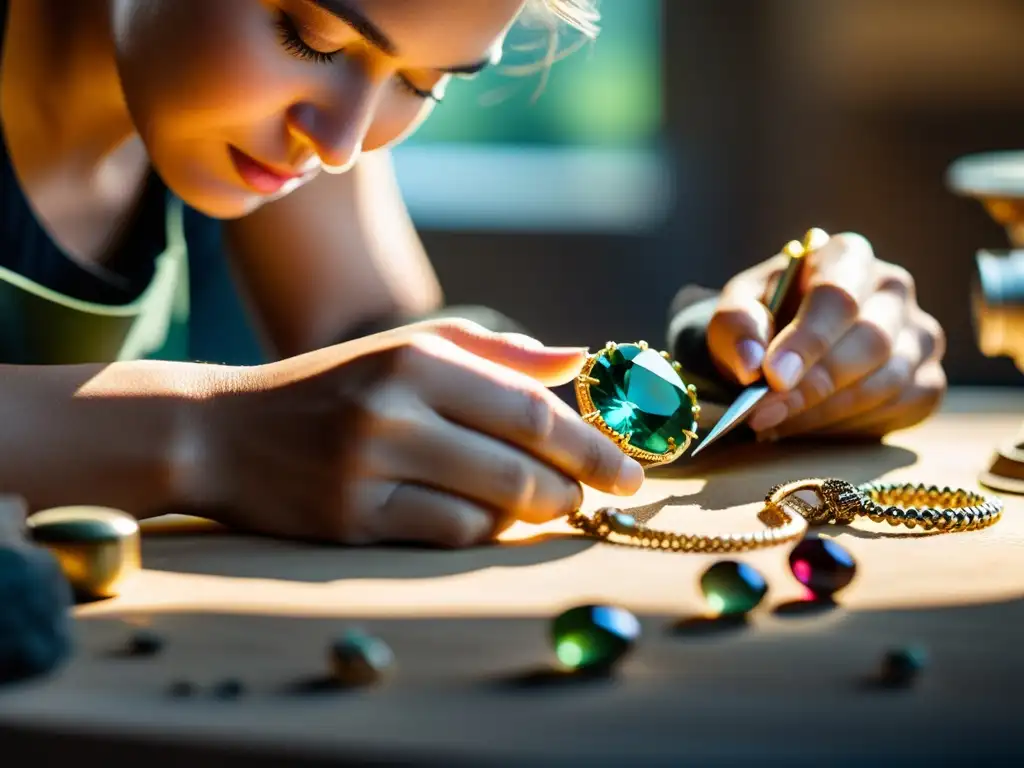 Artesano creando joyería de lujo con gemas éticas y metales preciosos, iluminado por luz natural