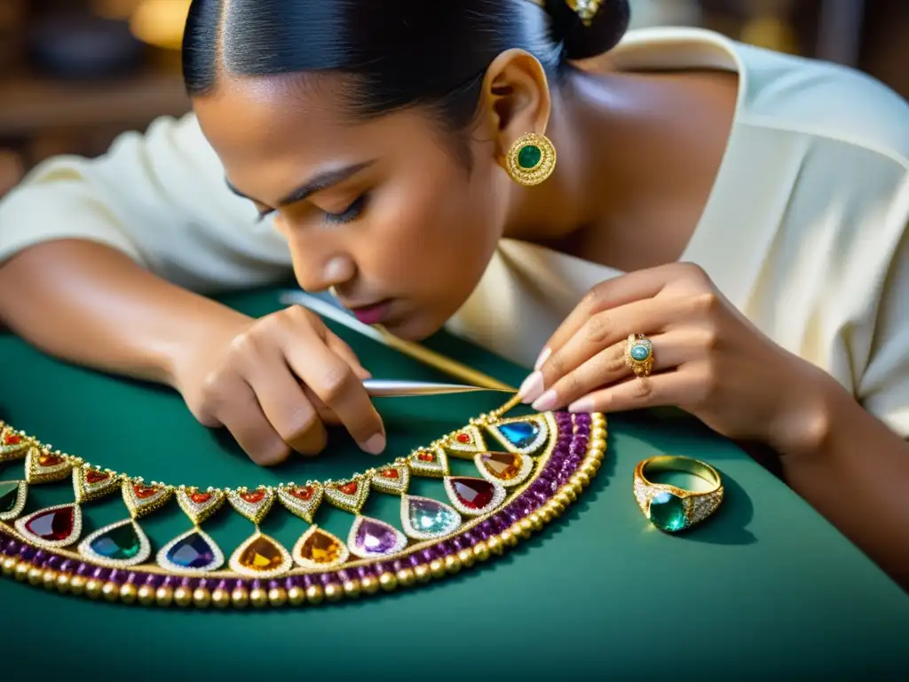 Un artesano crea joyería de lujo rodeado de gemas y metales preciosos