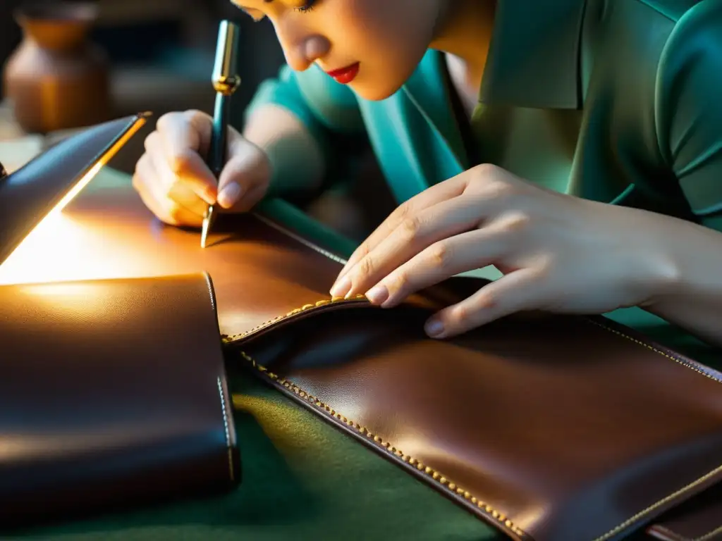 Un artesano de Prada cosiendo a mano un bolso de lujo en un taller, con una concentración evidente en su rostro y detalles intrincados en primer plano