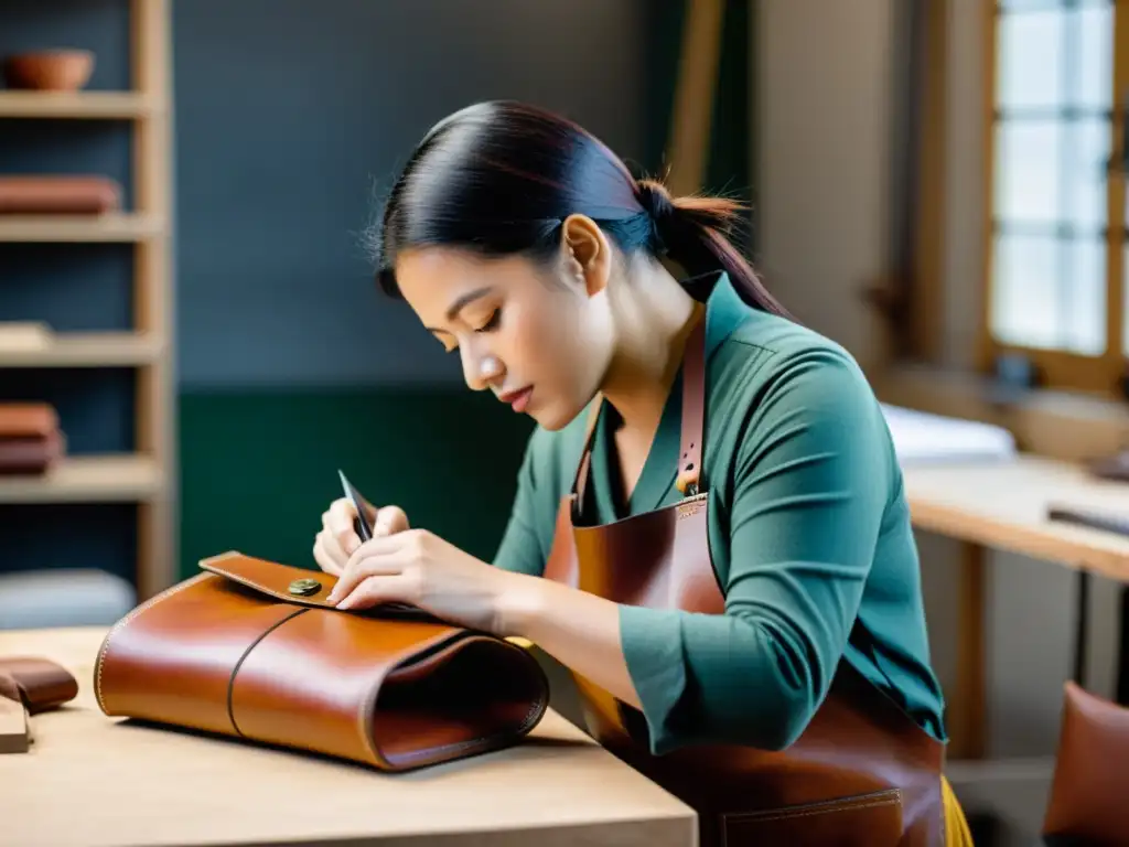 Artesano cosiendo a mano una cartera sostenible en un taller moderno