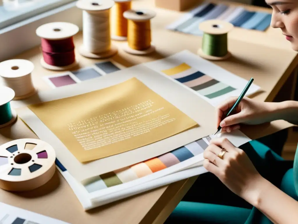 Artesano cosiendo a mano una colección moda edición limitada, rodeado de materiales y bocetos, en un estudio bañado por luz natural