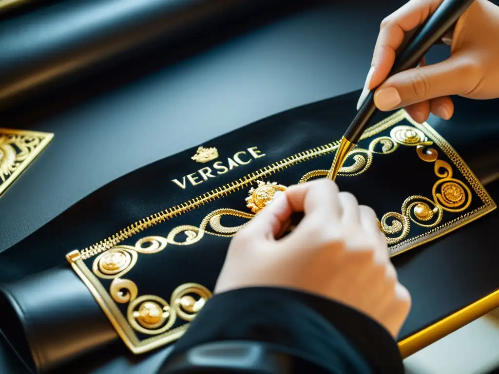 Artesano cosiendo a mano hilo dorado en un nuevo cinturón Versace exclusivo, mostrando atención al detalle y artesanía detrás de escena