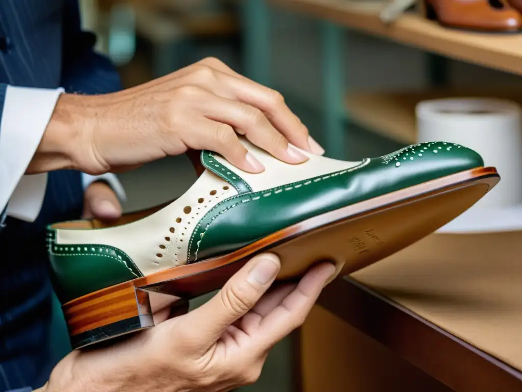 Un artesano cosiendo a mano un lujoso zapato de cuero Manolo Blahnik, resaltando la innovación y tradición en la creación de calzado