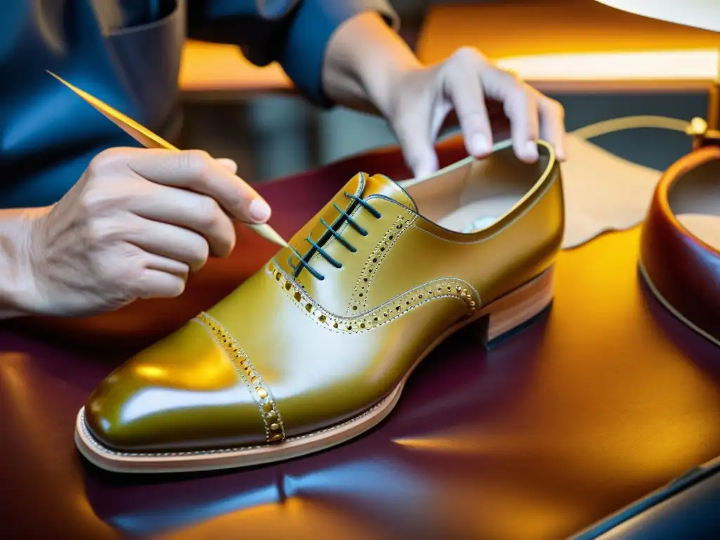 Un artesano cosiendo a mano un lujoso zapato de cuero Manolo Blahnik, fusionando innovación y tradición