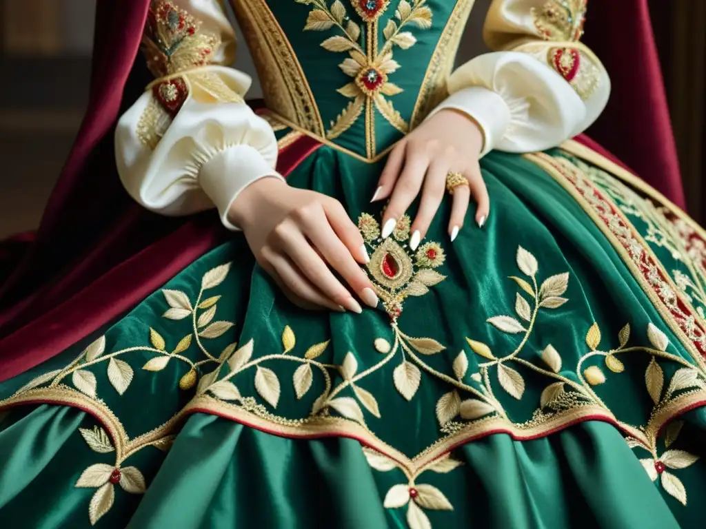 Un artesano cosiendo a mano un vestido renacentista, capturando la meticulosidad del proceso de creación del vestido renacentista