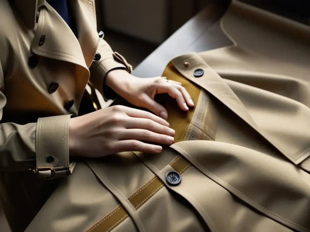 Un artesano meticuloso reinterpreta el trench coat Burberry en un atelier, capturando la reinvención del icónico diseño