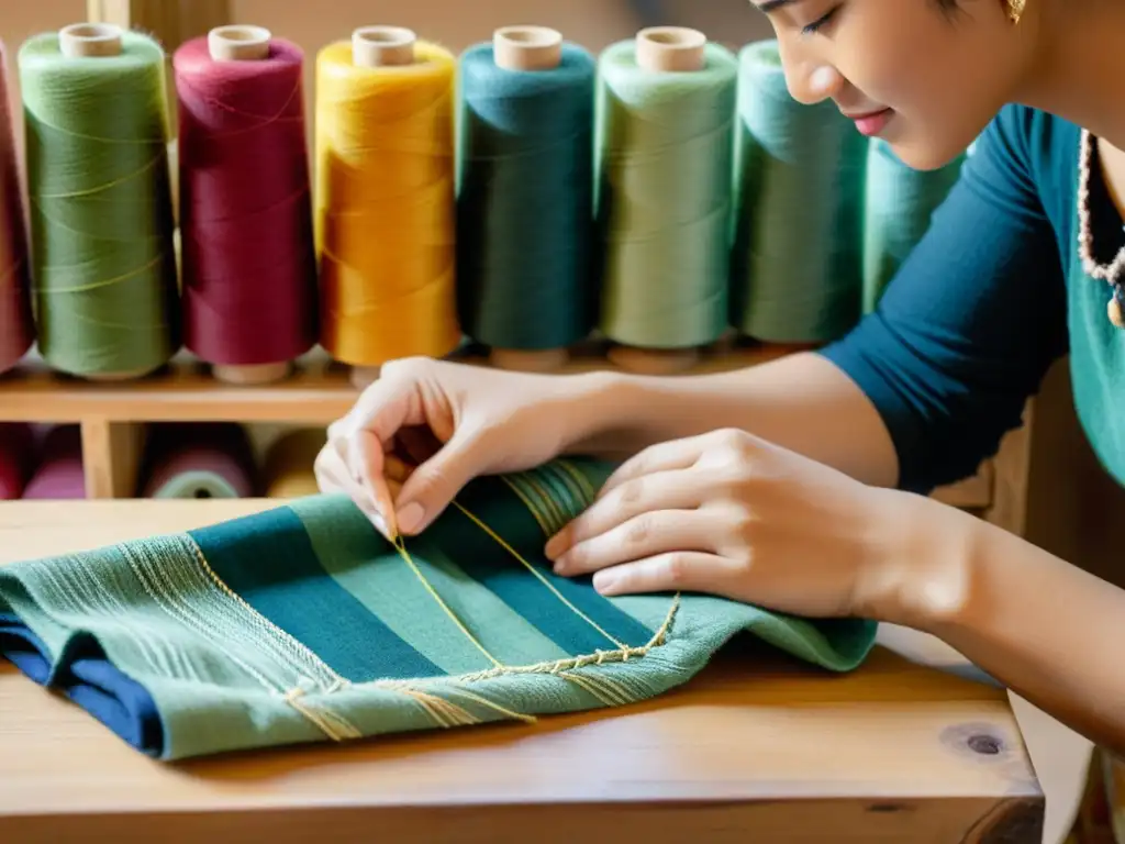 Un artesano realiza meticulosos bordados en tela natural teñida de forma sostenible, resaltando la filosofía Slow Fashion y su impacto cultural