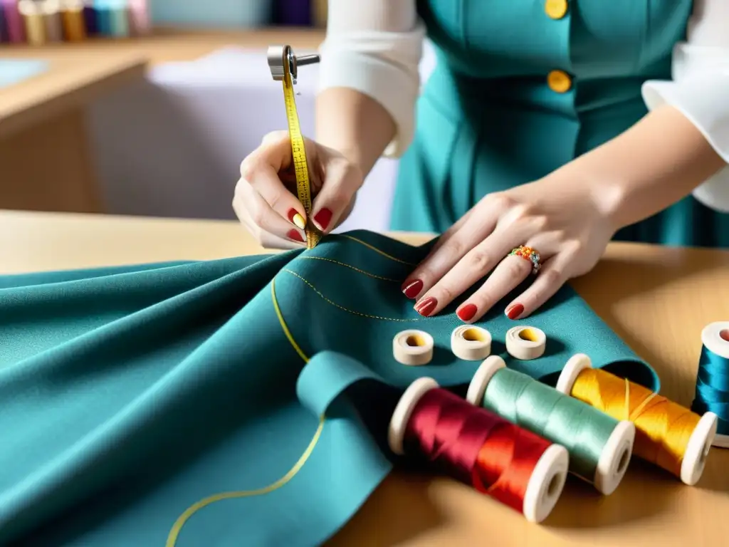 Un artesano de la moda crea con pasión, mostrando la importancia del storytelling en moda, con hilos de colores y una meticulosa costura
