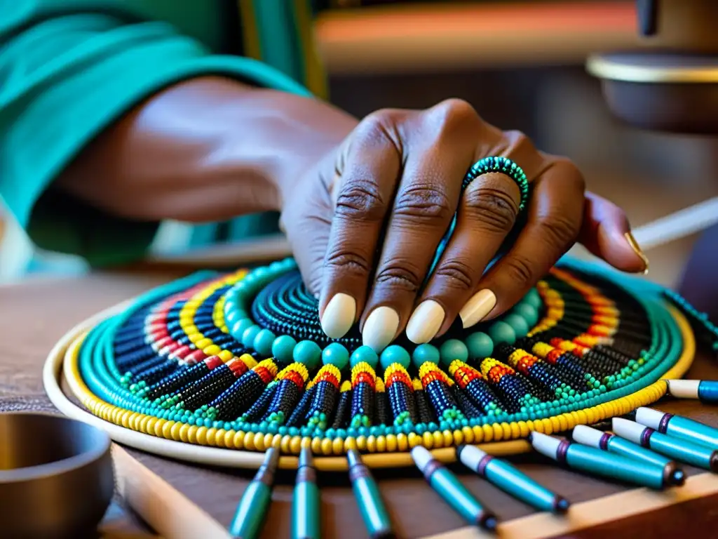 Artesanía ancestral: manos nativas tejiendo joyería Un artesano nativo americano teje con detalle joyería ancestral tribus nativas americanas, mostrando su herencia cultural y destreza artesanal