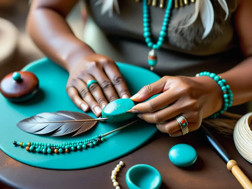 Artesano nativo tallando turquesa: tradición ancestral Un artesano nativo americano talla delicadamente patrones en una turquesa, rodeado de herramientas y materiales tradicionales