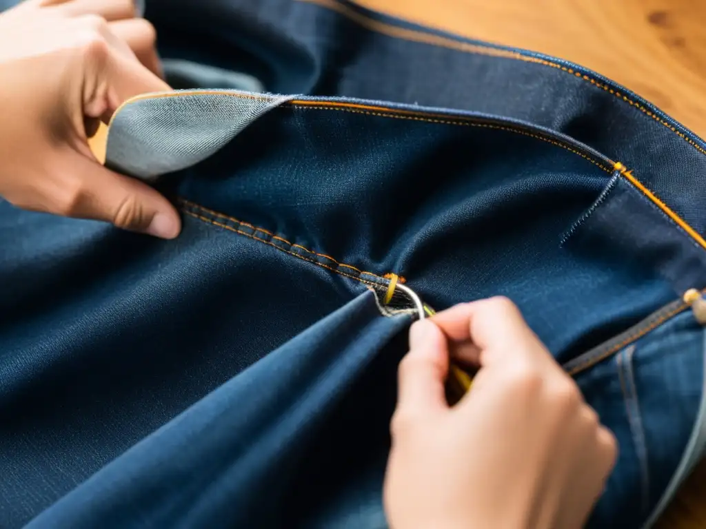 Un artesano de Nudie Jeans repara meticulosamente un par de jeans, mostrando el compromiso con el reciclaje y la durabilidad del denim