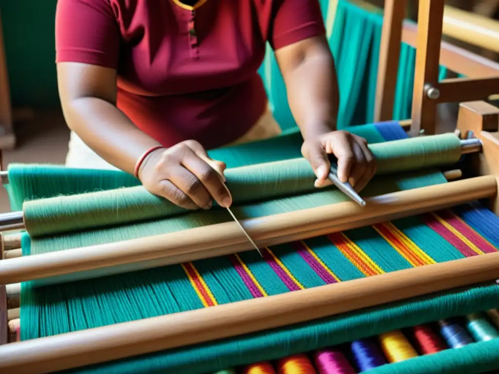 Artesano tejiendo un patrón vibrante en telar, destacando el impacto cultural de estampados en moda con colores y texturas ricos