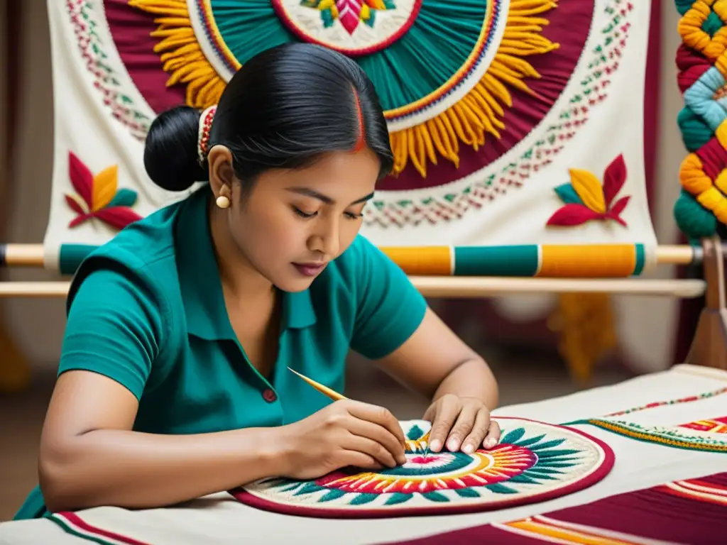 Un artesano bordando patrones étnicos en un tapiz colorido, muestra el significado cultural de bordados étnicos con maestría