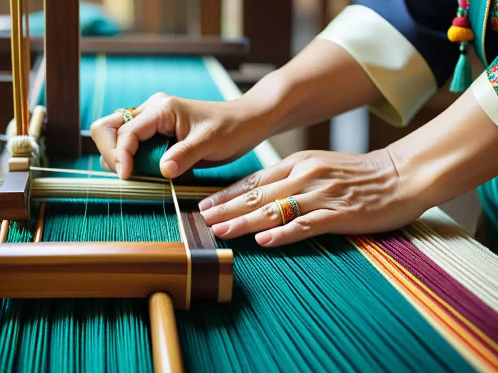 Un artesano hábil teje patrones intrincados en un telar tradicional con hilos de seda, creando un kimono detallado