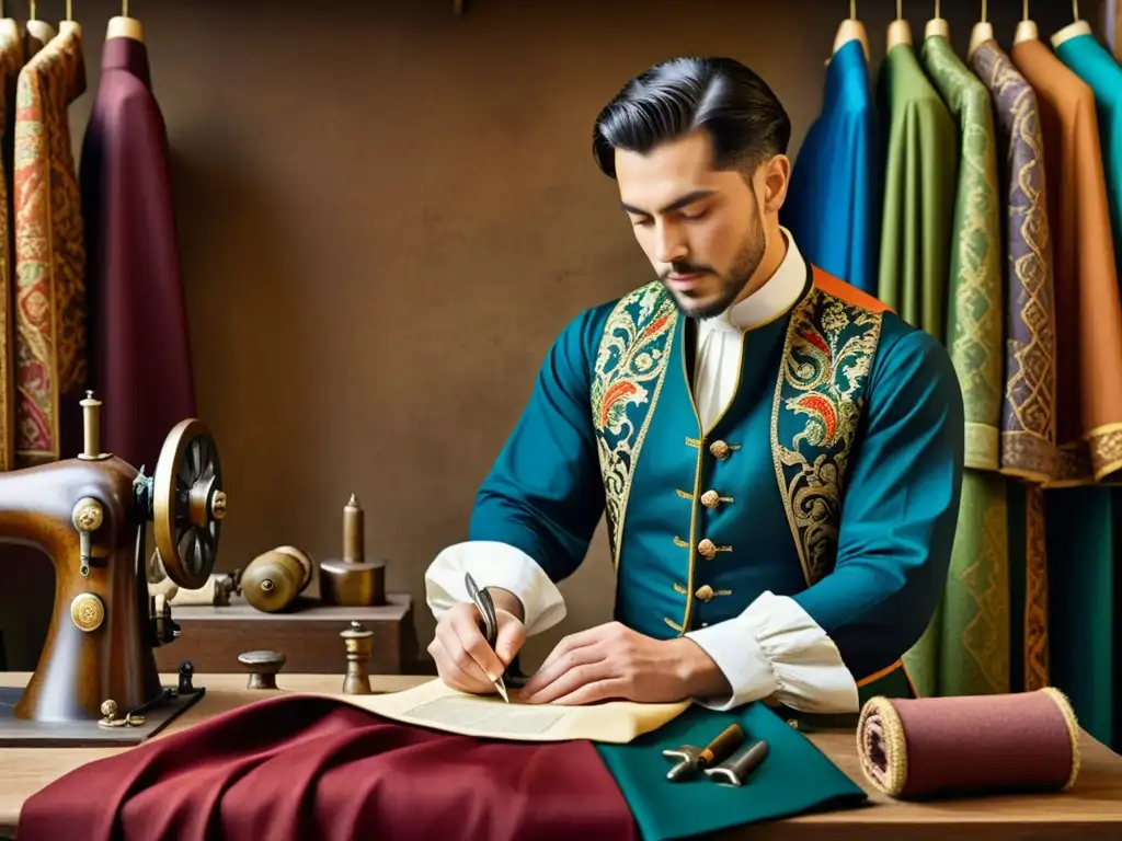 Artesano renacentista confeccionando pantalones masculinos elaborados en un taller vibrante