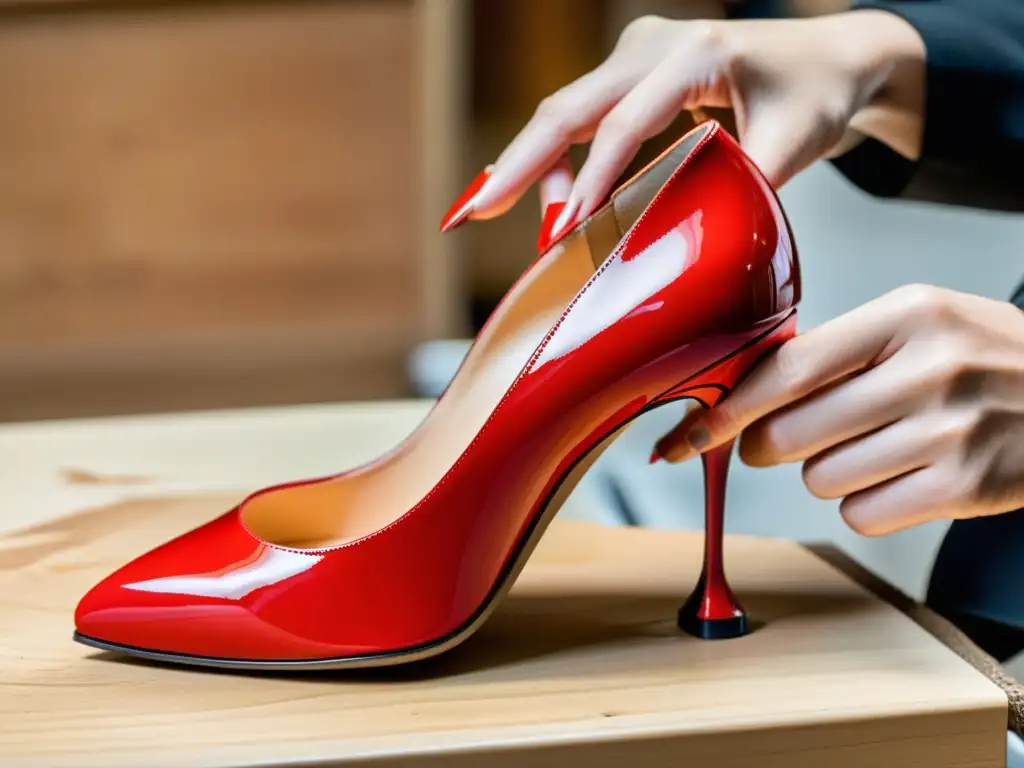 Un artesano aplica con precisión el icónico rojo a la suela de un zapato Christian Louboutin, mostrando la historia de la suela roja con maestría artesanal