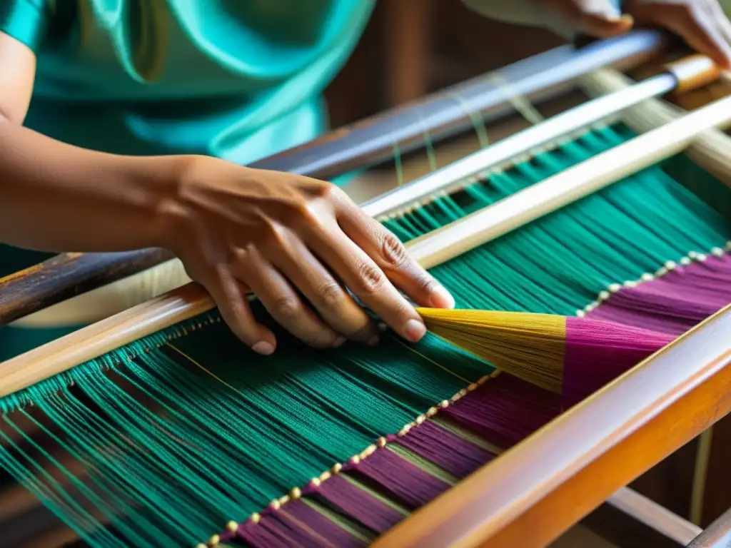 Artesano tejiendo seda en telar, reflejando el impacto cultural de la seda en la moda asiática