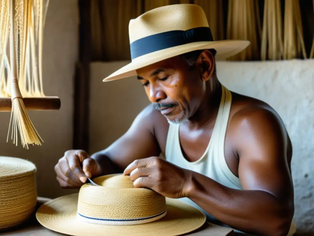 Artesano en Panamá tejiendo un sombrero icónico con destreza, reflejando la historia del sombrero Panamá moda con sus técnicas tradicionales y dedicación