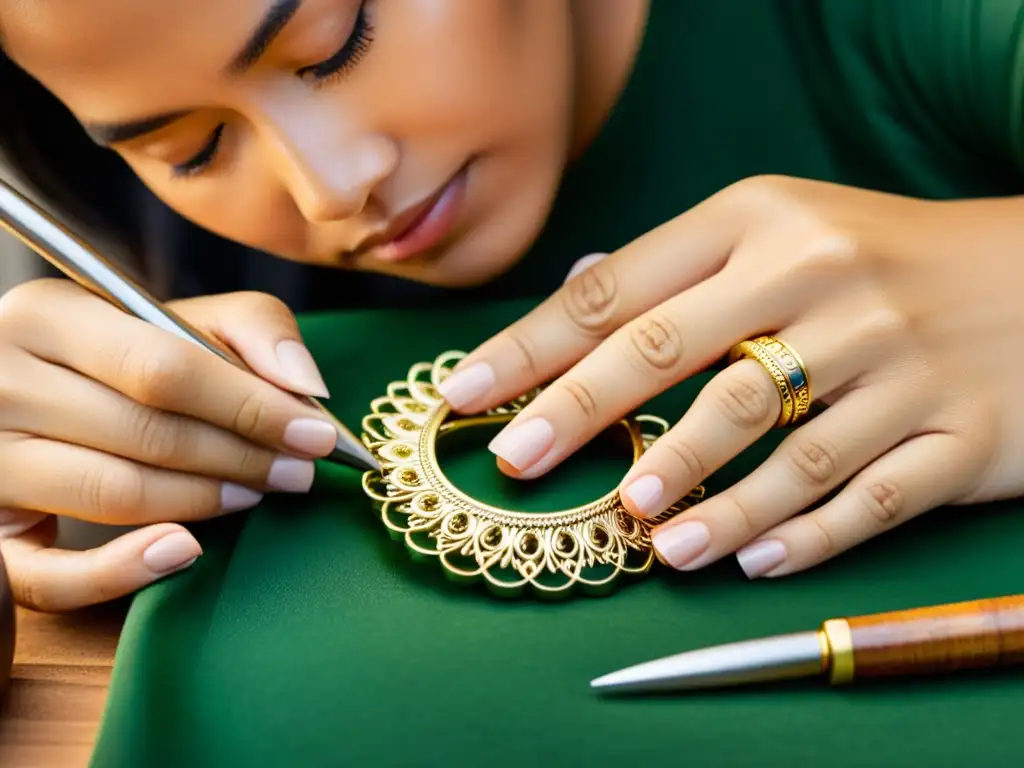 Un artesano crea joyería sostenible con destreza, evocando tradición y conciencia ambiental en la industria de la moda