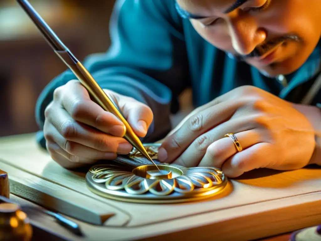 Artesano preservando técnicas joyas artesanales con delicadeza y maestría, en imagen detallada de alta resolución