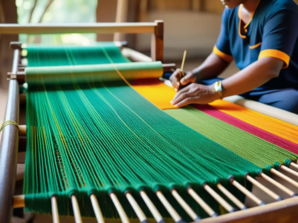 Artesano textil en la India tejiendo a mano, rodeado de hilos vibrantes y reflejos de tradición textil en la India