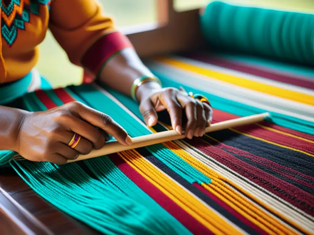 Artesano tejiendo un textil indígena con patrones intrincados, conservando la moda indígena y su rica herencia cultural