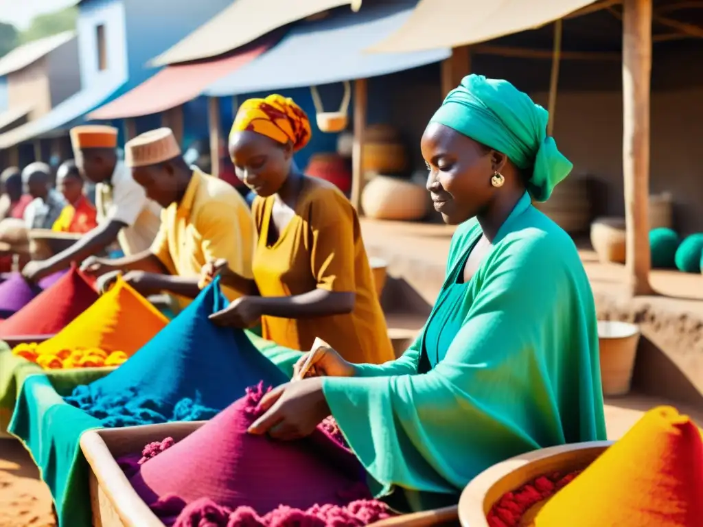 Artesanos africanos tiñen telas tradicionales en mercado al aire libre, destacando la importancia de la moda africana y su identidad postcolonial