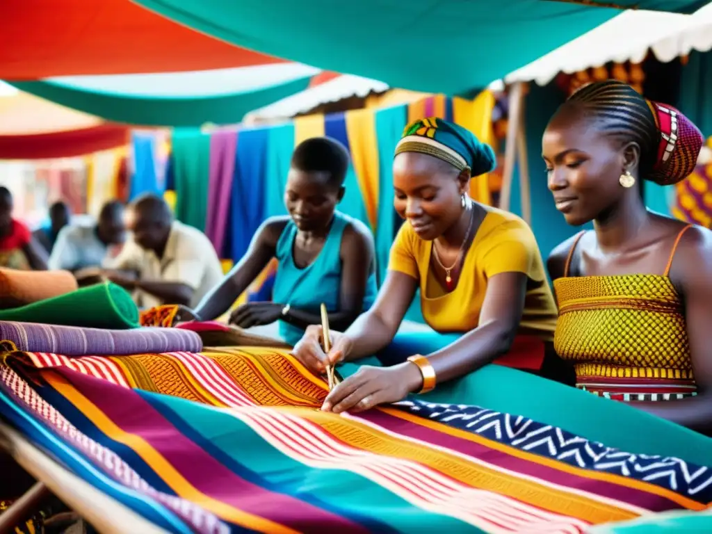 Artesanos africanos crean telas vibrantes en un mercado bullicioso, mostrando la travesía moda africana impacto cultural