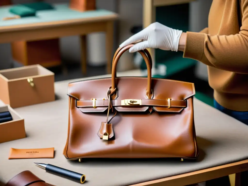 Artesanos en atelier iluminado creando el icónico bolso Birkin de Hermès con meticulosidad y dedicación a la calidad