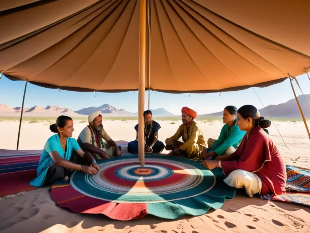 Artesanos del desierto tejen patrones coloridos en telares de madera bajo una carpa