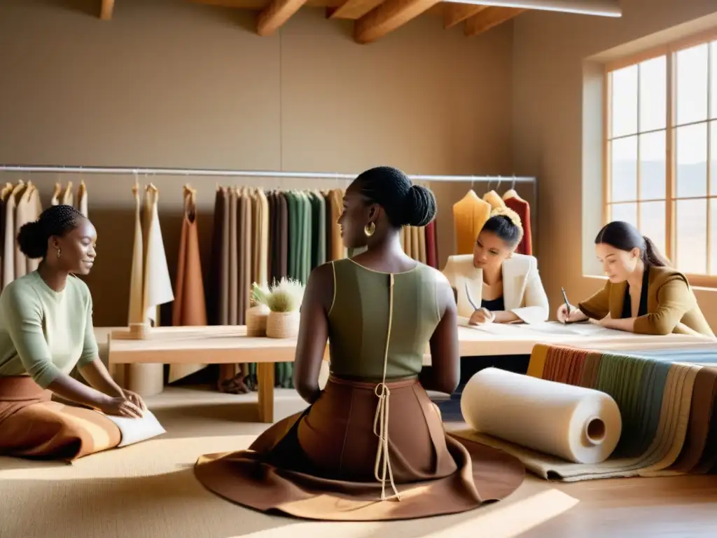 Artesanos y diseñadores crean moda sostenible en estudio iluminado por el sol con telas orgánicas