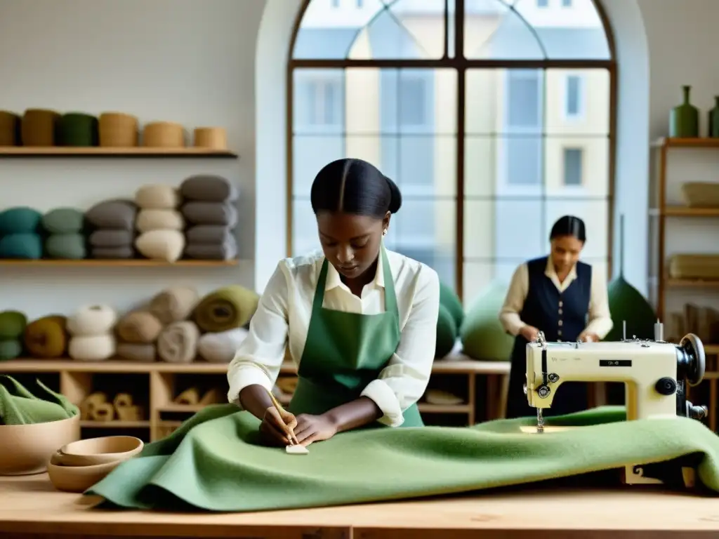 Artesanos crean ediciones limitadas sostenibles en un taller de moda, destacando la artesanía y la ética de la producción de moda